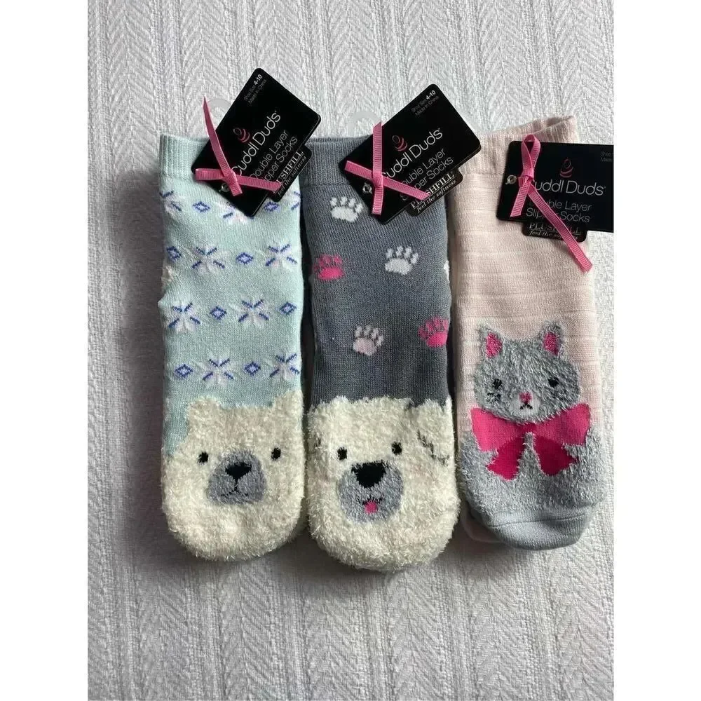 Cuddl Duds Girls 4-10 Ankle Double Layer Slipper Socks Total 6 Pr